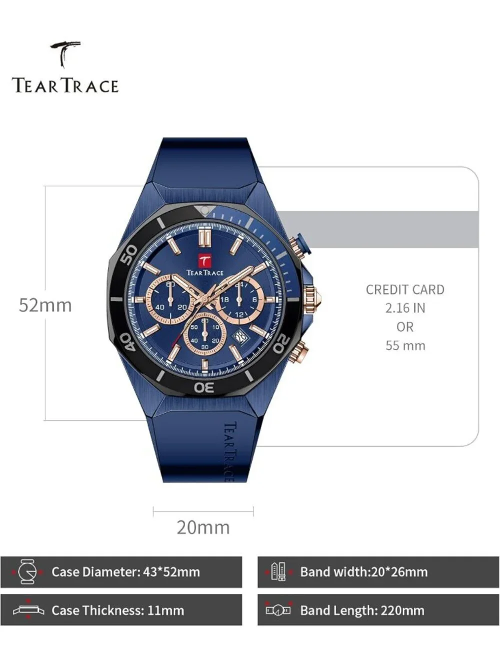 Mens Blue Analog Quartz Silicone Strap Chronograph Waterproof Luxury Wrist Watch